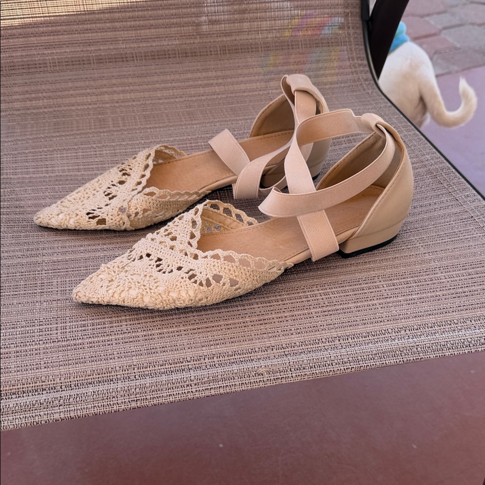 Chic Beige Lace Flats with Ankle Straps